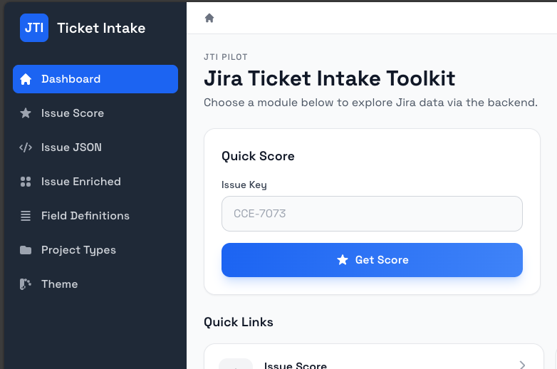 Jira Ticket Intake Toolkit dashboard with scoring and Jira data modules