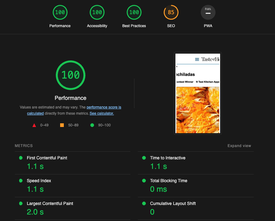 Lighthouse report showing perfect performance and accessibility scores